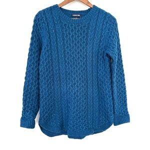 Lands' End Women's Blue Cable Knit Sweater, high-low hem, loose fit